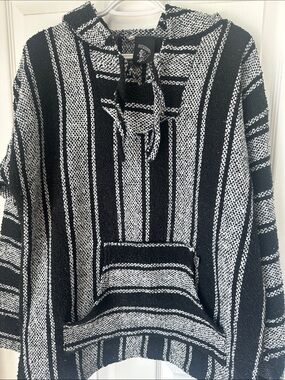 Baja Billy's Striped Baja Hoodie Jerga Surf Poncho Black Gray Large Unisex
